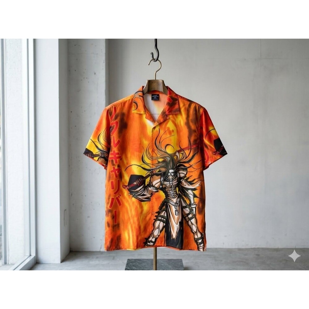 Vintage Y2K Soulcalibur Nightmare All-Over Print Flame Graphic Button-Down Shirt